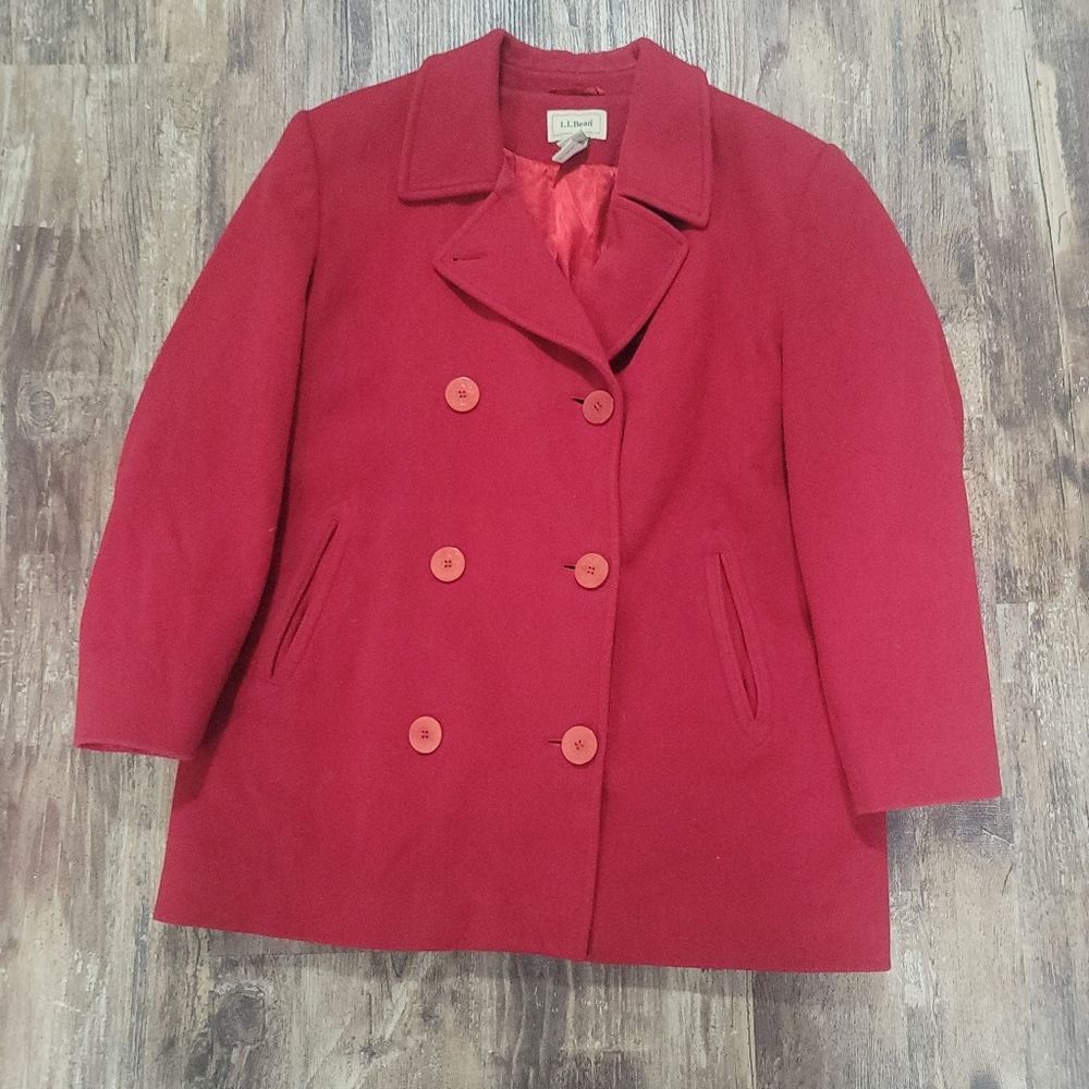 LL Bean Wool Cashmere Blend Peacoat Red Double Breasted Winter Coat Classic Warm